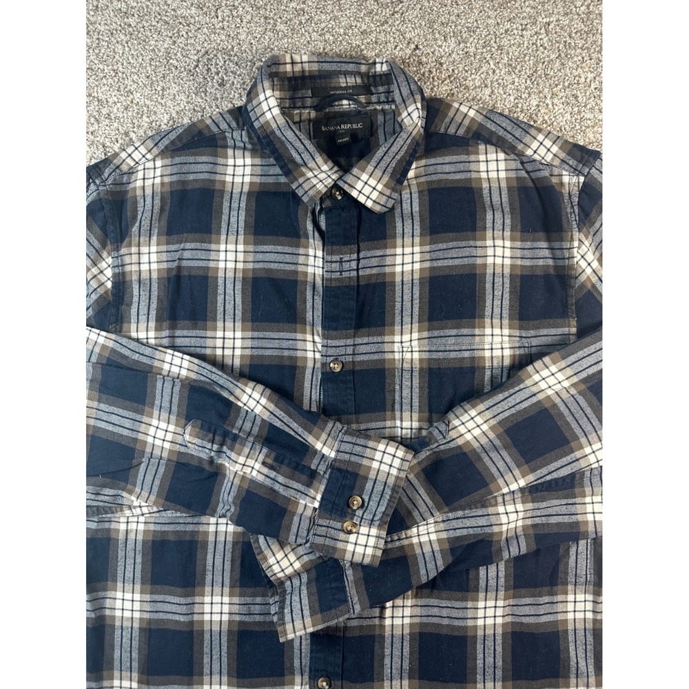 Banana Republic Mens XL Tall Untucked Fit Flannel Shirt Navy Blue Plaid Cotton